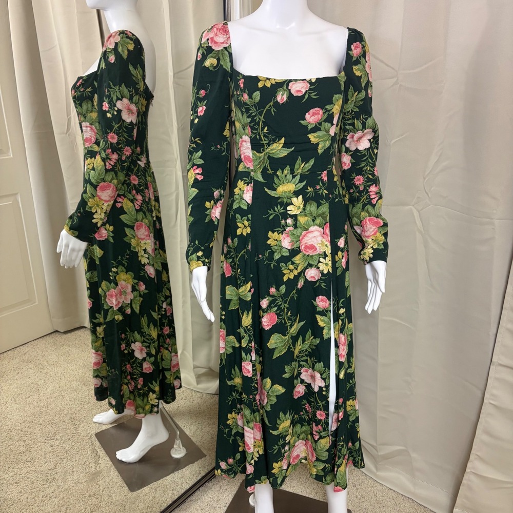 Reformation Nalani Dress Green Floral Clytie Square Neck Long Sleeve Midi Slit